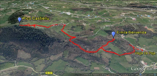 Mapa de la ruta Vega de Poja al Picu Castiellu en Siero, Asturias.