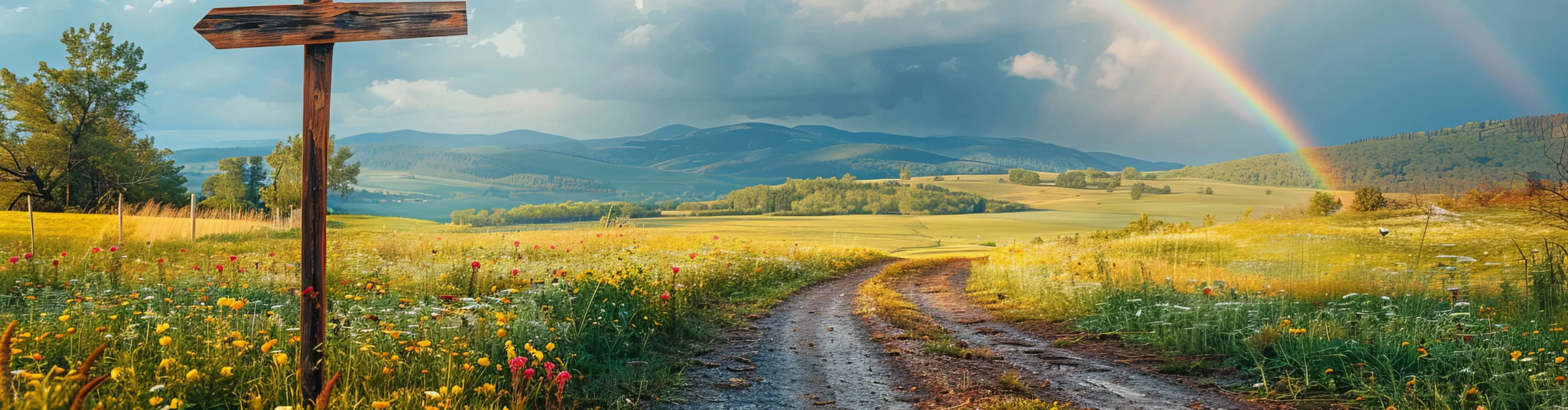 Camino rural rodeado de flores y praderas con un arcoíris al fondo en Siero, Asturias