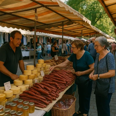 Imagen ilustrativa de un mercadillo al aire libre con puestos de embutidos y quesos y personas comprando productos locales.