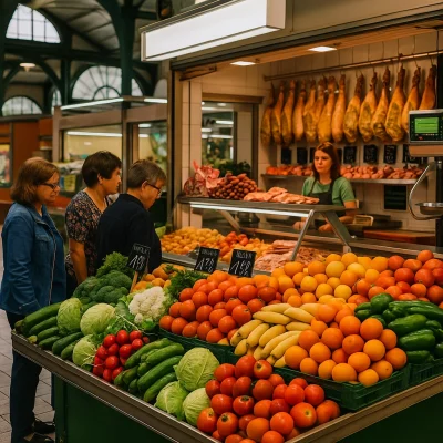 Puesto de frutas y verduras en un mercado cubierto, con personas comprando productos frescos.